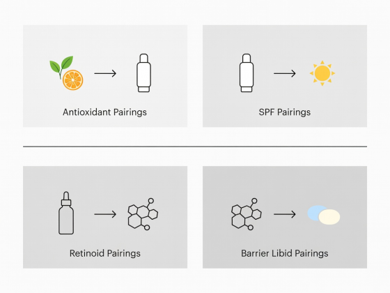 Flat vector chart showing morning antioxidant and SPF pairings separated from evening retinoid and barrier lipid pairings