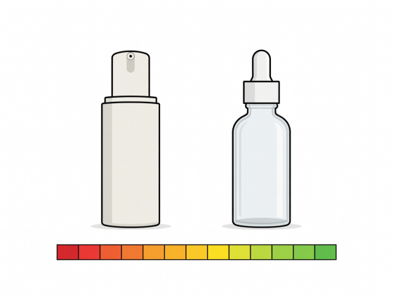 Flat vector illustration comparing an airless opaque pump bottle with a clear dropper bottle alongside a pH 3.0 to 7.0 scale