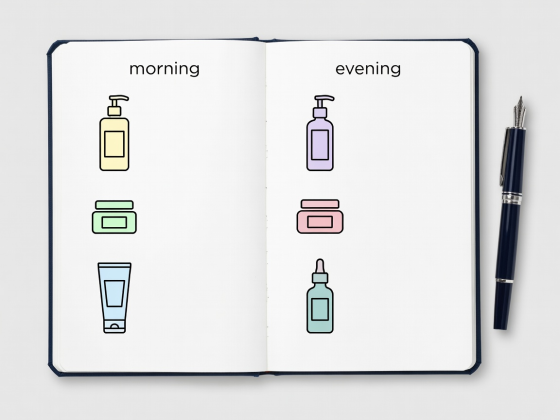 Flat vector illustration of an open skincare ledger book showing morning and evening columns alongside a fountain pen