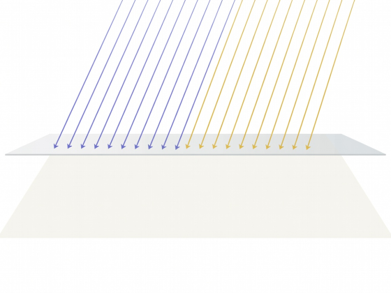 Flat vector diagram showing UVB 290-320nm and UVA 320-400nm rays blocked by a uniform sunscreen polymer film