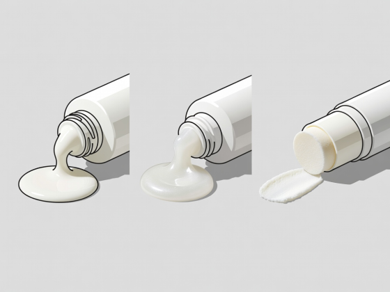 Flat vector illustration comparing fluid milk sunscreen, gel-cream sunscreen, and mineral balm stick formats